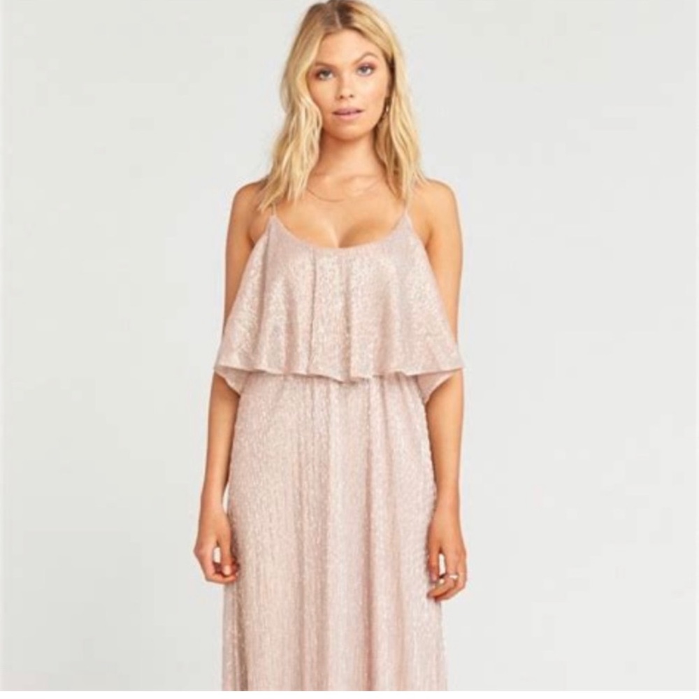 Show Me Your Mumu Caitlin Ruffle Maxi Dress in Magic Mauve Glimmer